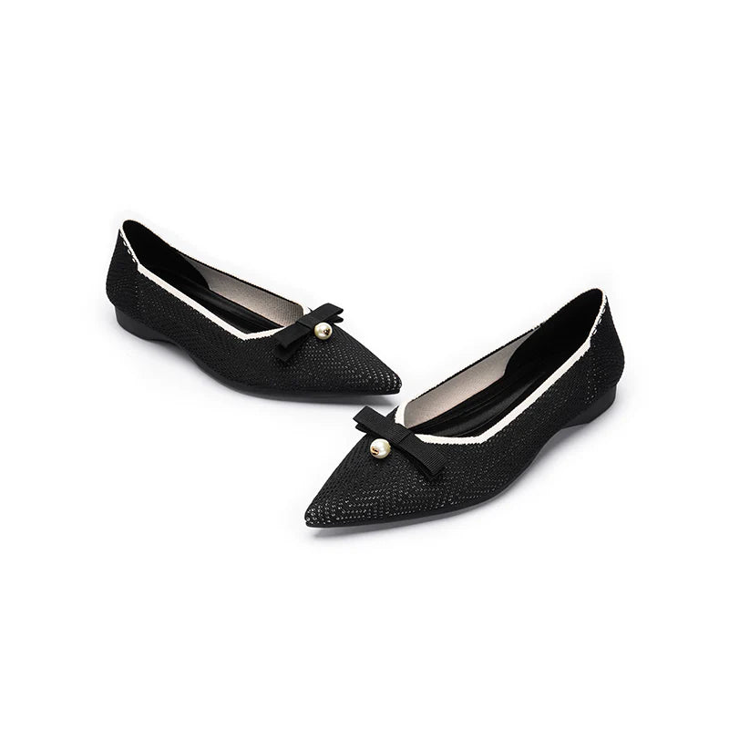 Sarah Casual Pearl Bow Commuter Flats - Black