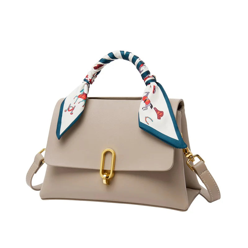 Nalandu Elegant Apricot Leather Satchel Bag with Silk Scarf Handle - Apricot
