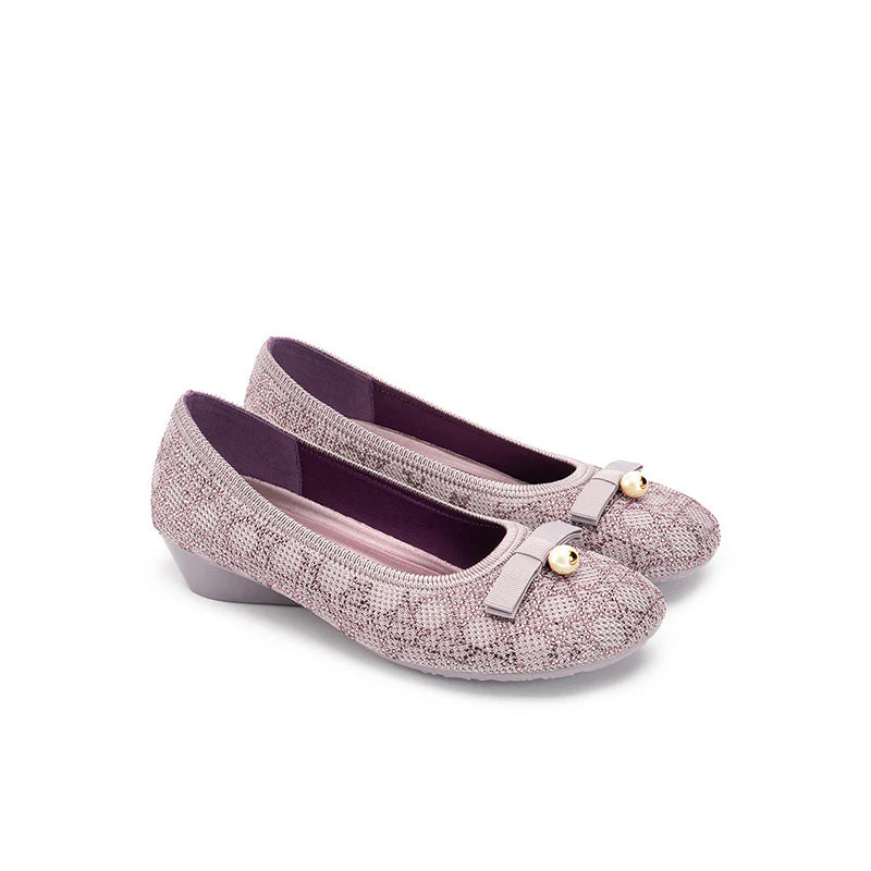 Pearl Bow Czech Crystal Knit Round Toe Wedge Pumps - Mauve
