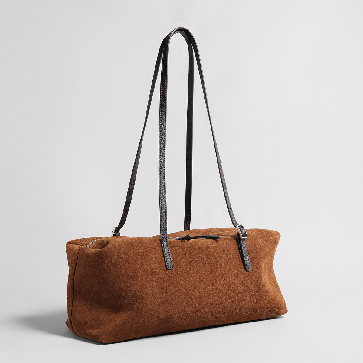Suede Leather East-West Bowling Bag - Brown