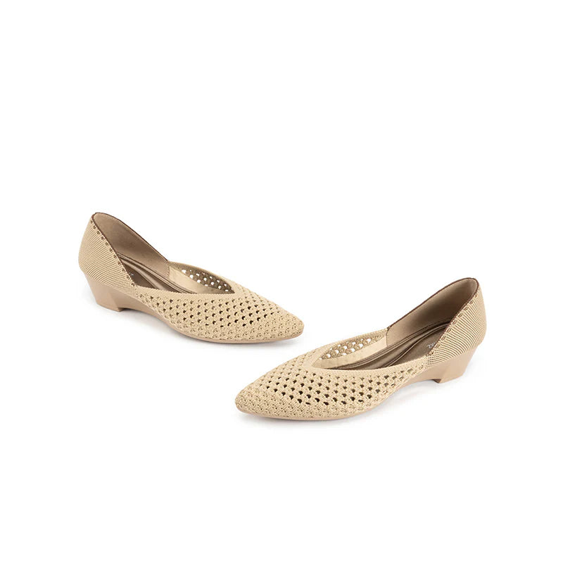 Open Weave Pointed Toe Wedge Work Shoes - Beige