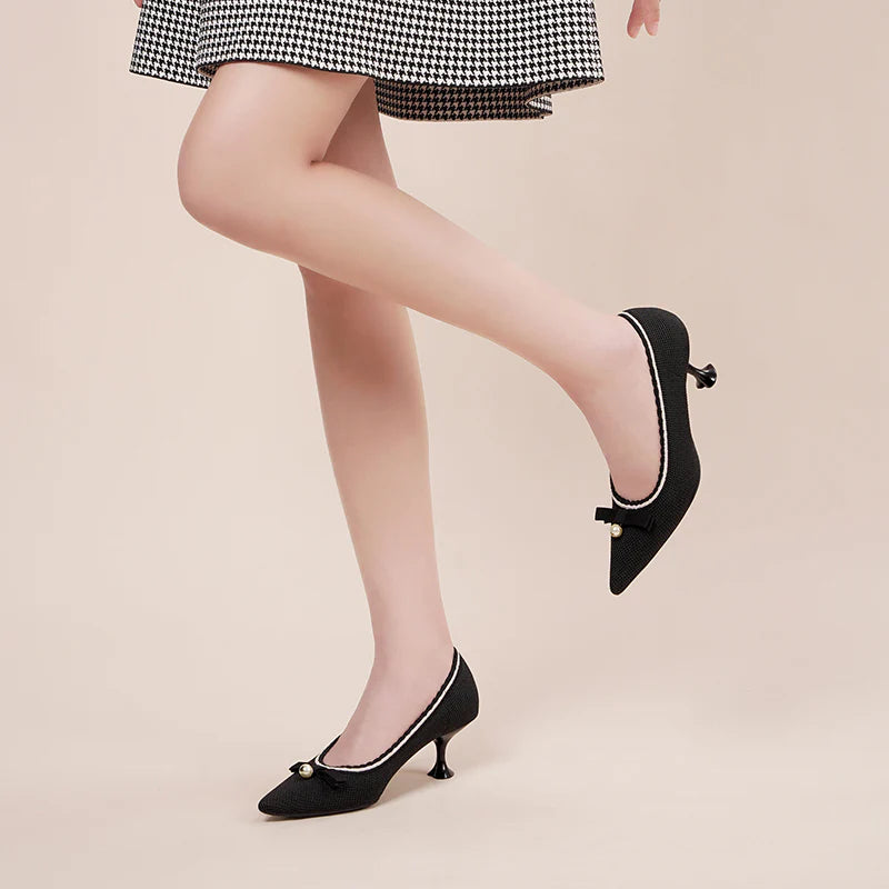 Parisian Pearl Bow Kitten Heels - Black