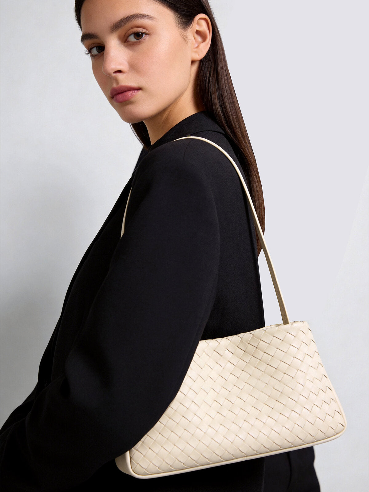 Woven Lambskin Shoulder Bag - Ivory