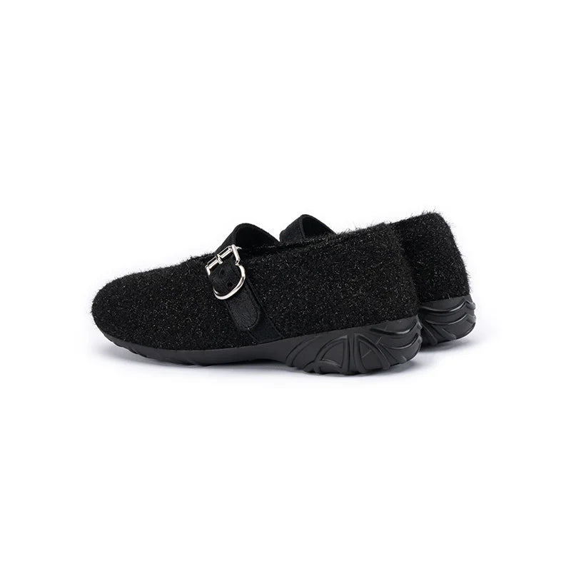 Fuzzy Mary Jane Flats - Black
