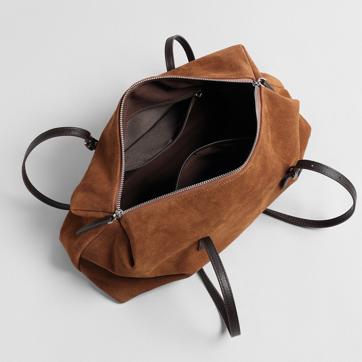Suede Leather East-West Bowling Bag - Brown