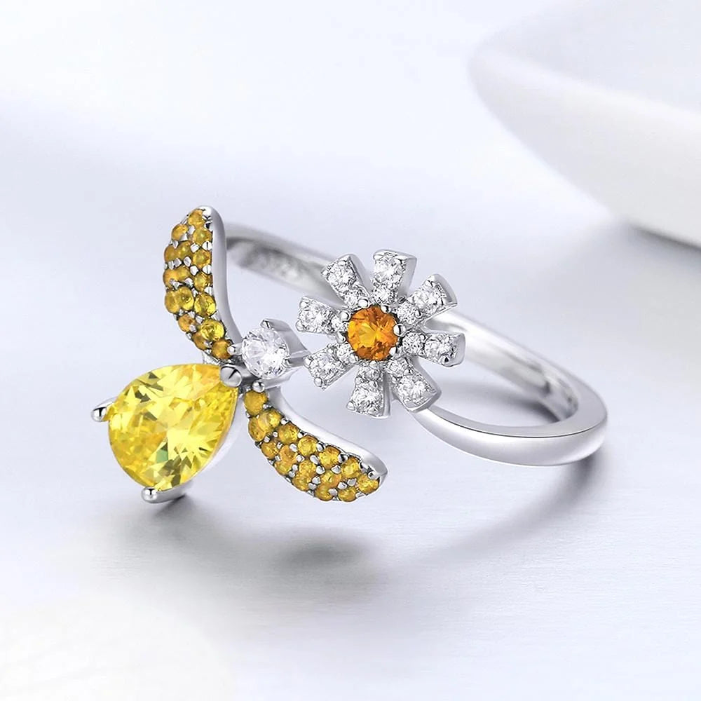 Adjustable Solid 925 Sterling Silver Darling Bee Daisy Ring