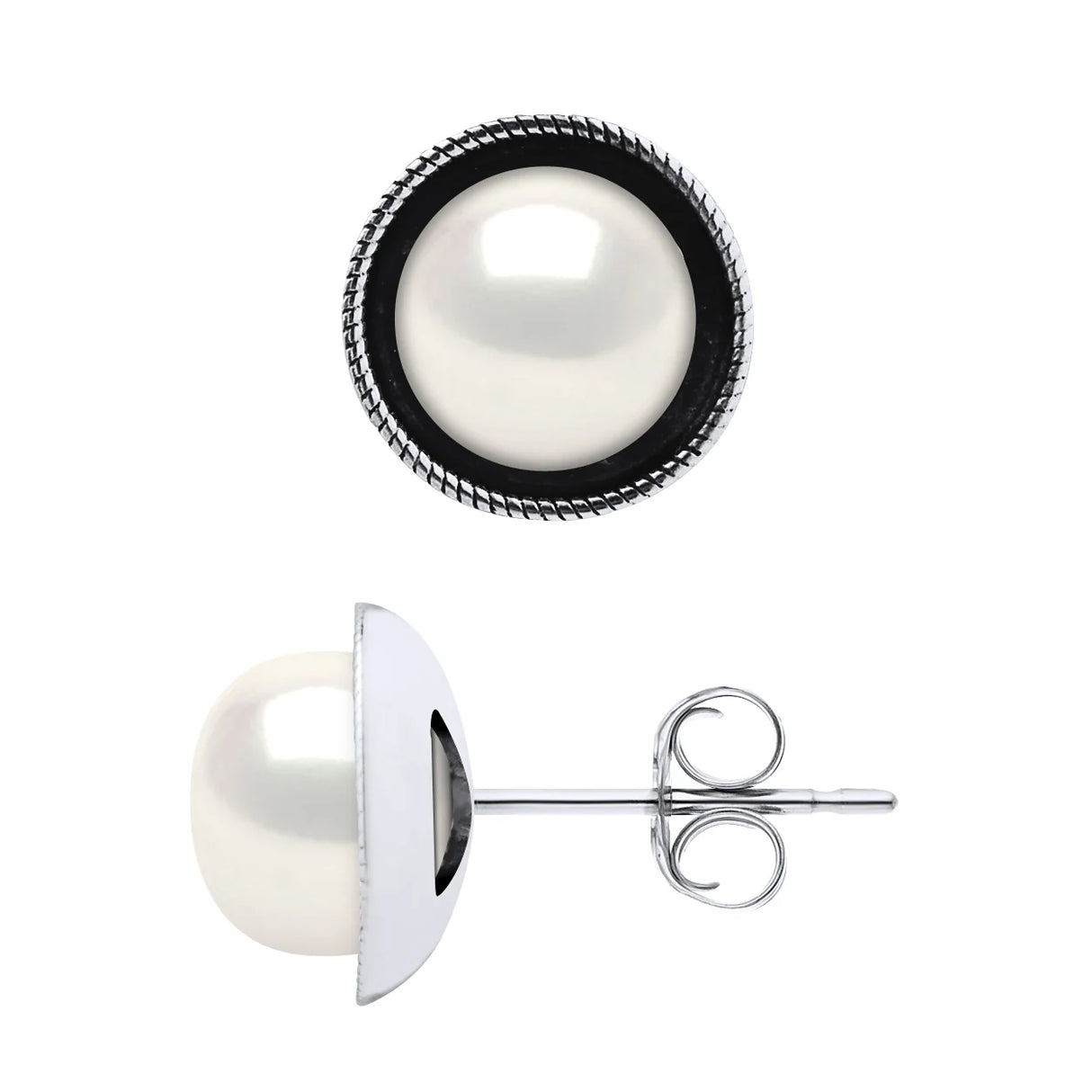 Earrings Button Freshwater Pearl White Sterling Silver 9-10mm Stud