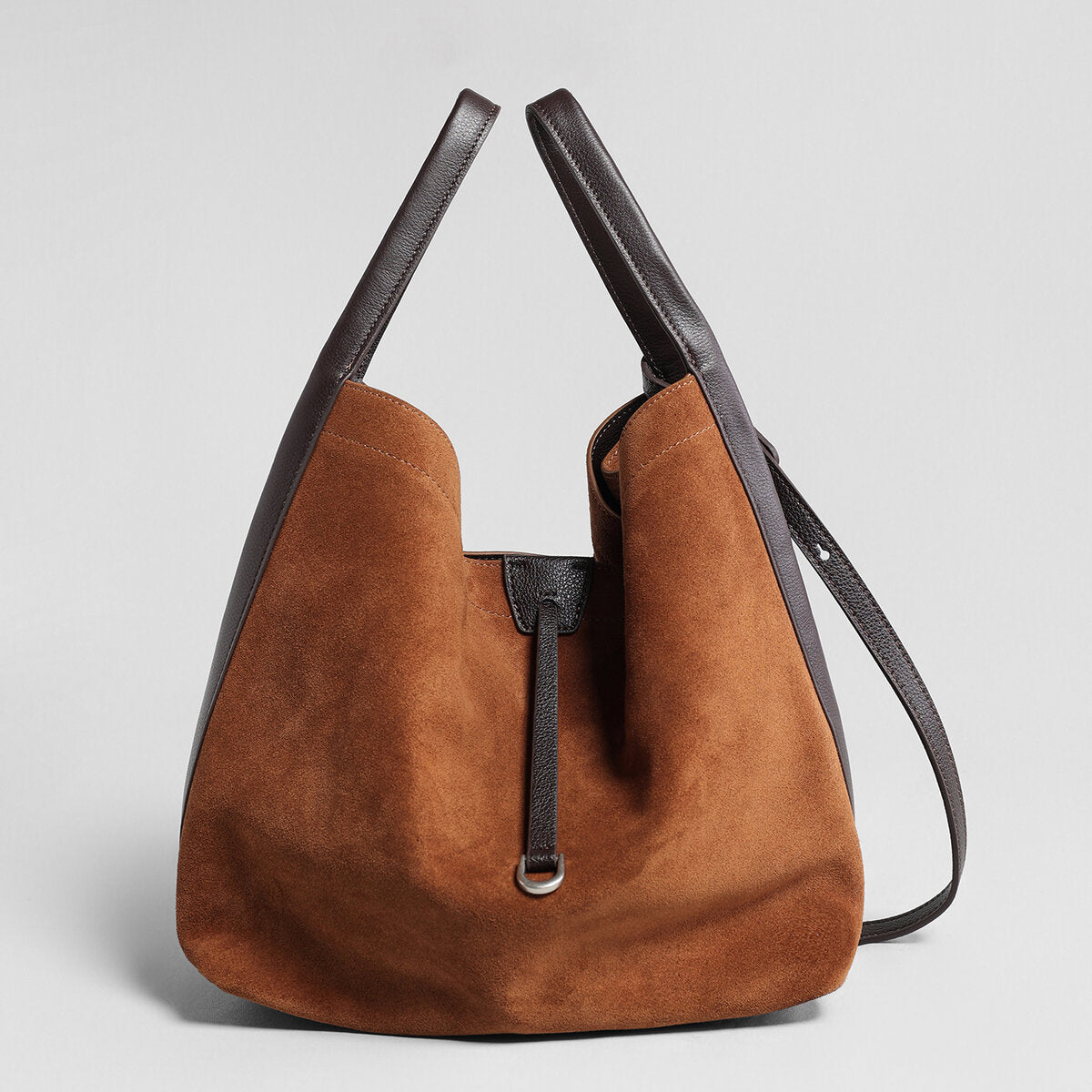 Suede Leather Slouchy Triangle Hobo Bag - Brown