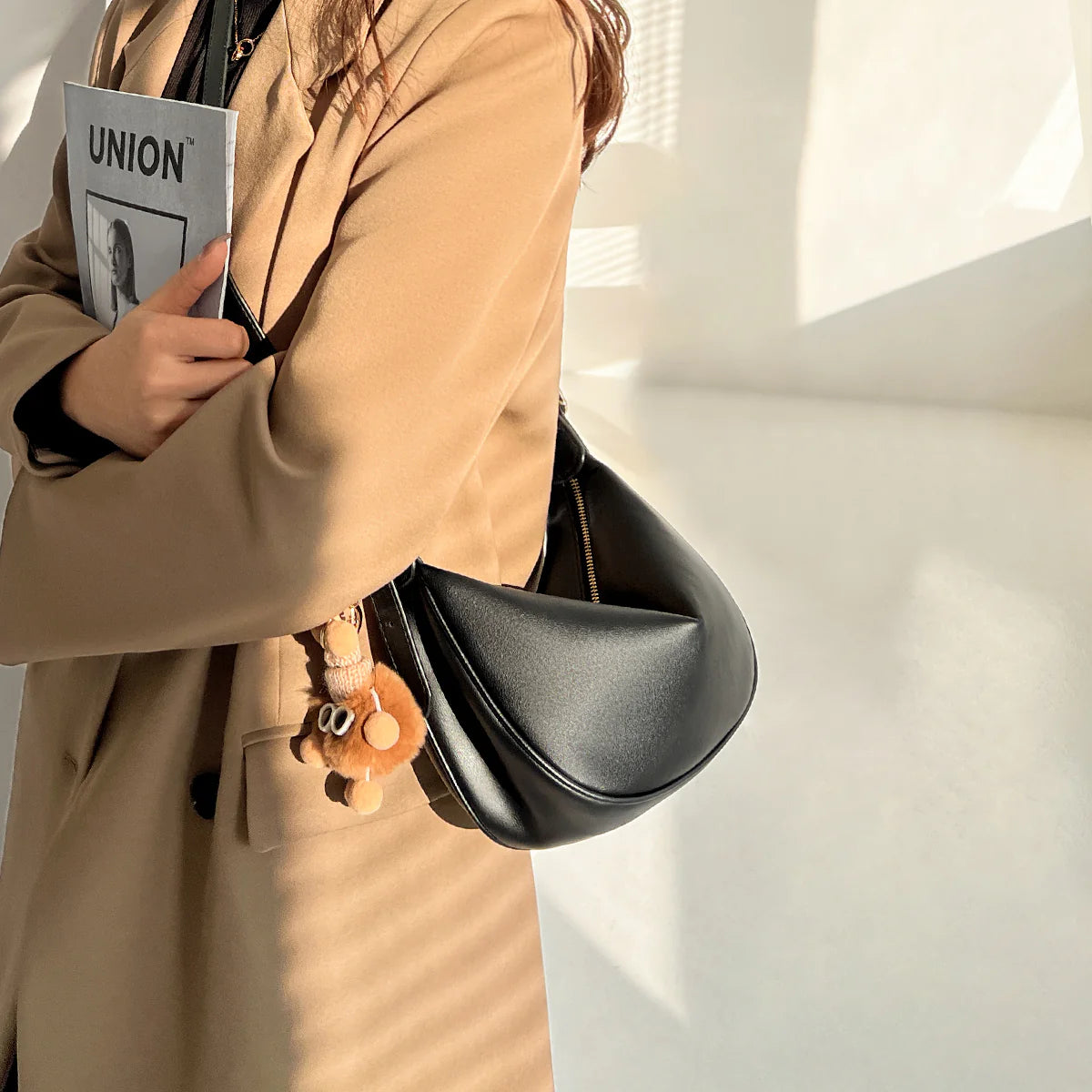 Nalandu Crescent Leather Crossbody Shoulder Bag with Bear Charm - Black