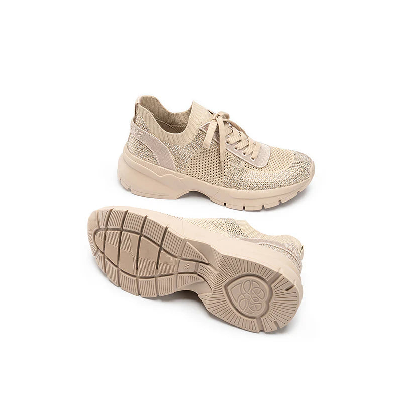 Rhinestone Mesh Knit Chunky Platform Sneakers - Beige