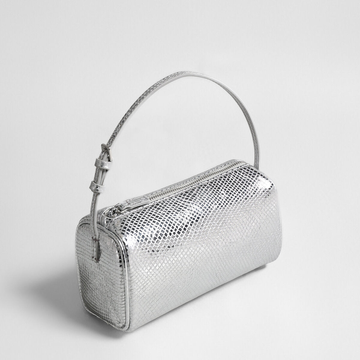 Patent Embossed Calfskin Cylinder Bag - Silver