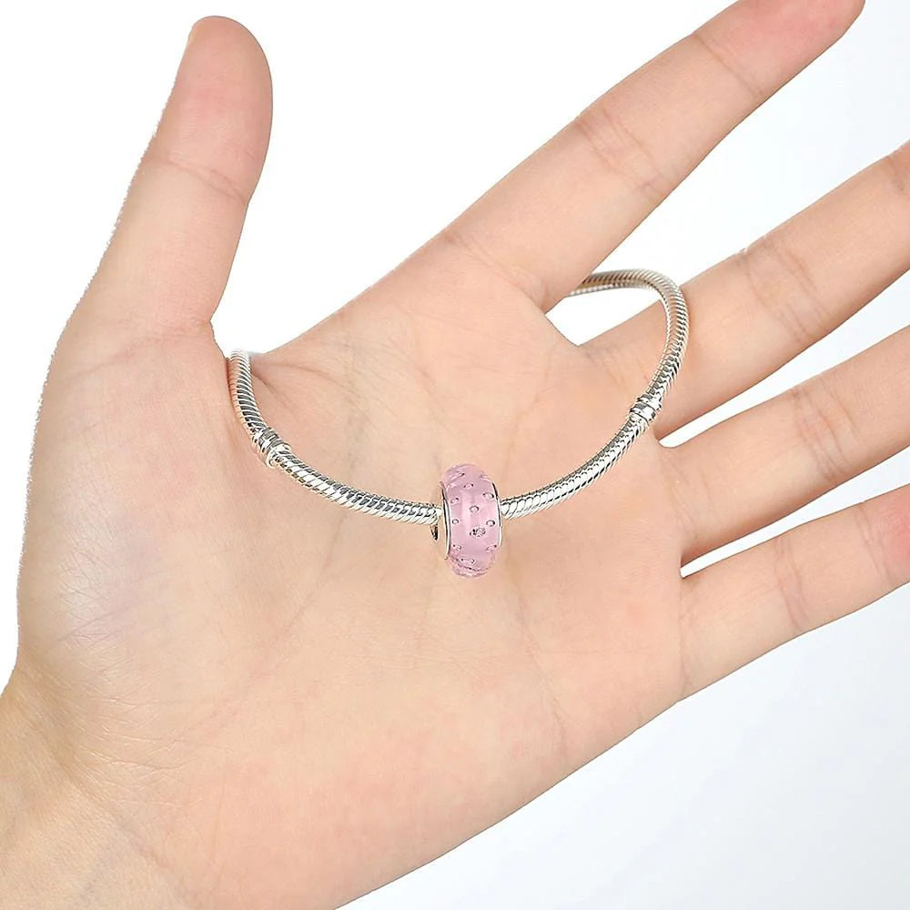 Solid 925 Sterling Silver Pink Bubbles Inclusion Murano Glass Charm