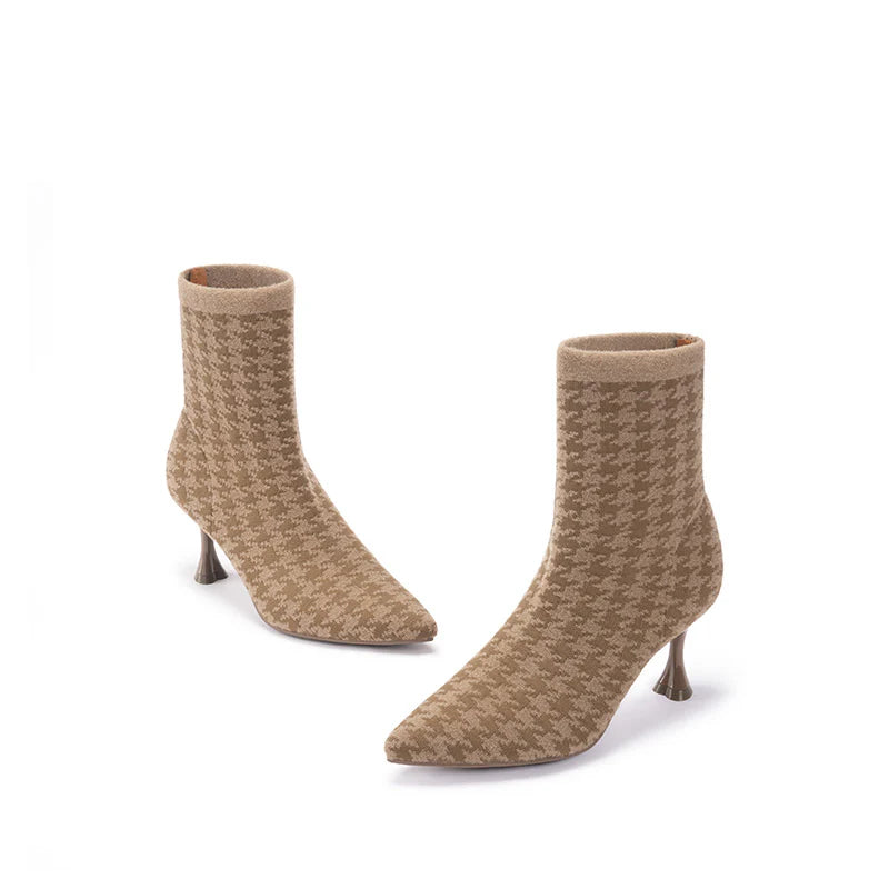 Pointed Toe Stiletto Heel Stretch Ankle Boots - Mocha
