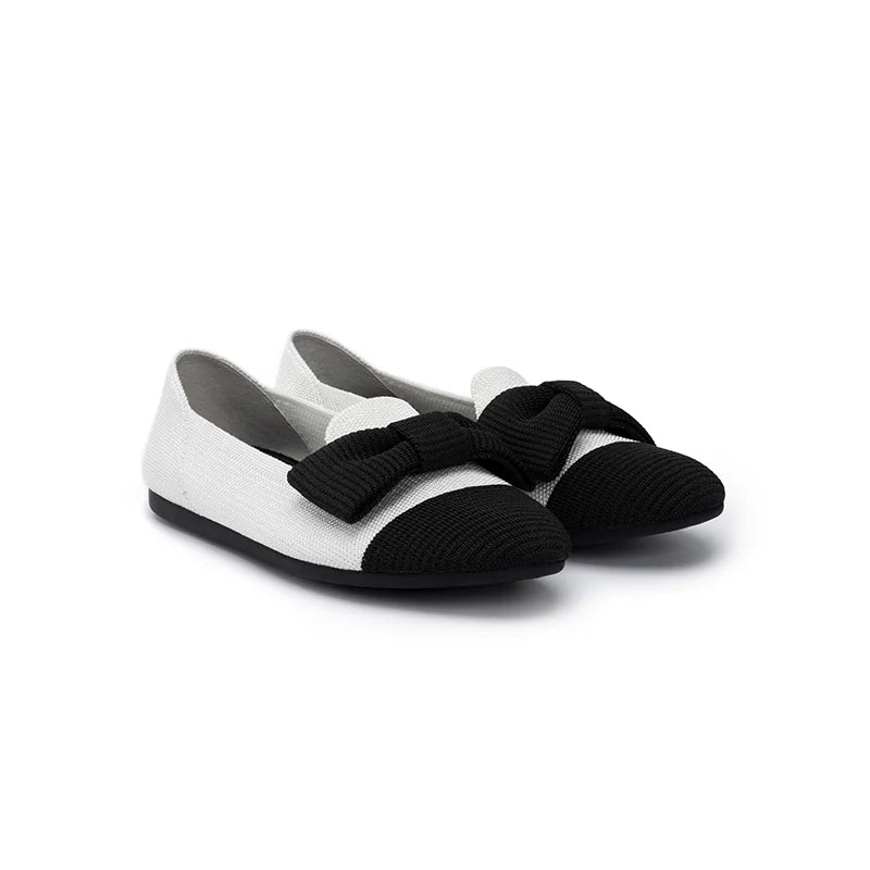 Bow Detail Round Toe Knit Flat Loafers - White