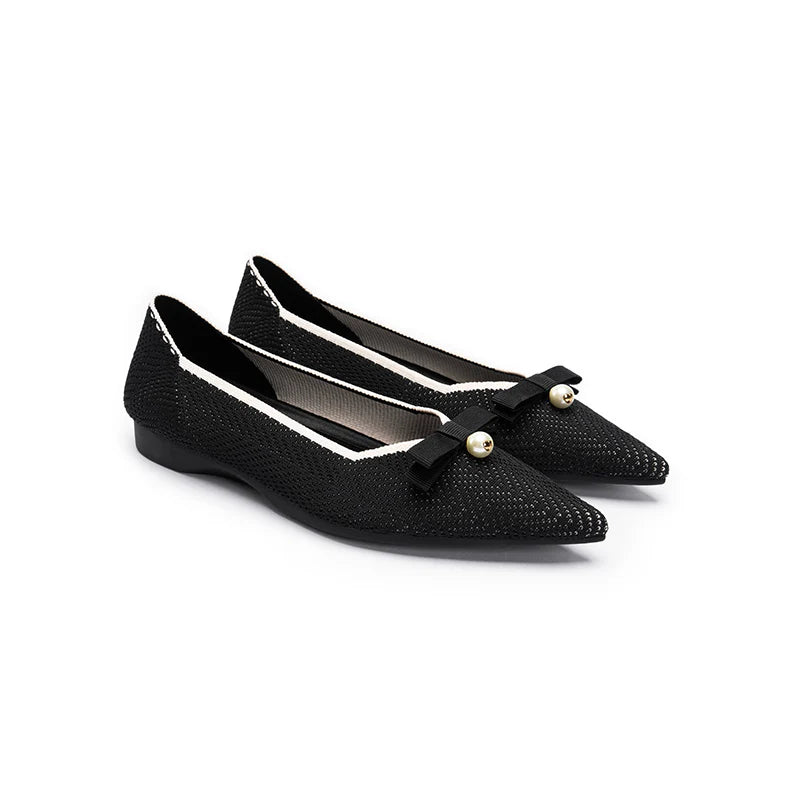 Sarah Casual Pearl Bow Commuter Flats - Black