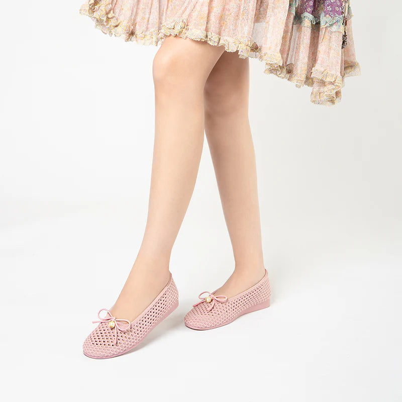 Pearl Bow Heart Mesh Knit Round Toe Wedge Flats - Pink
