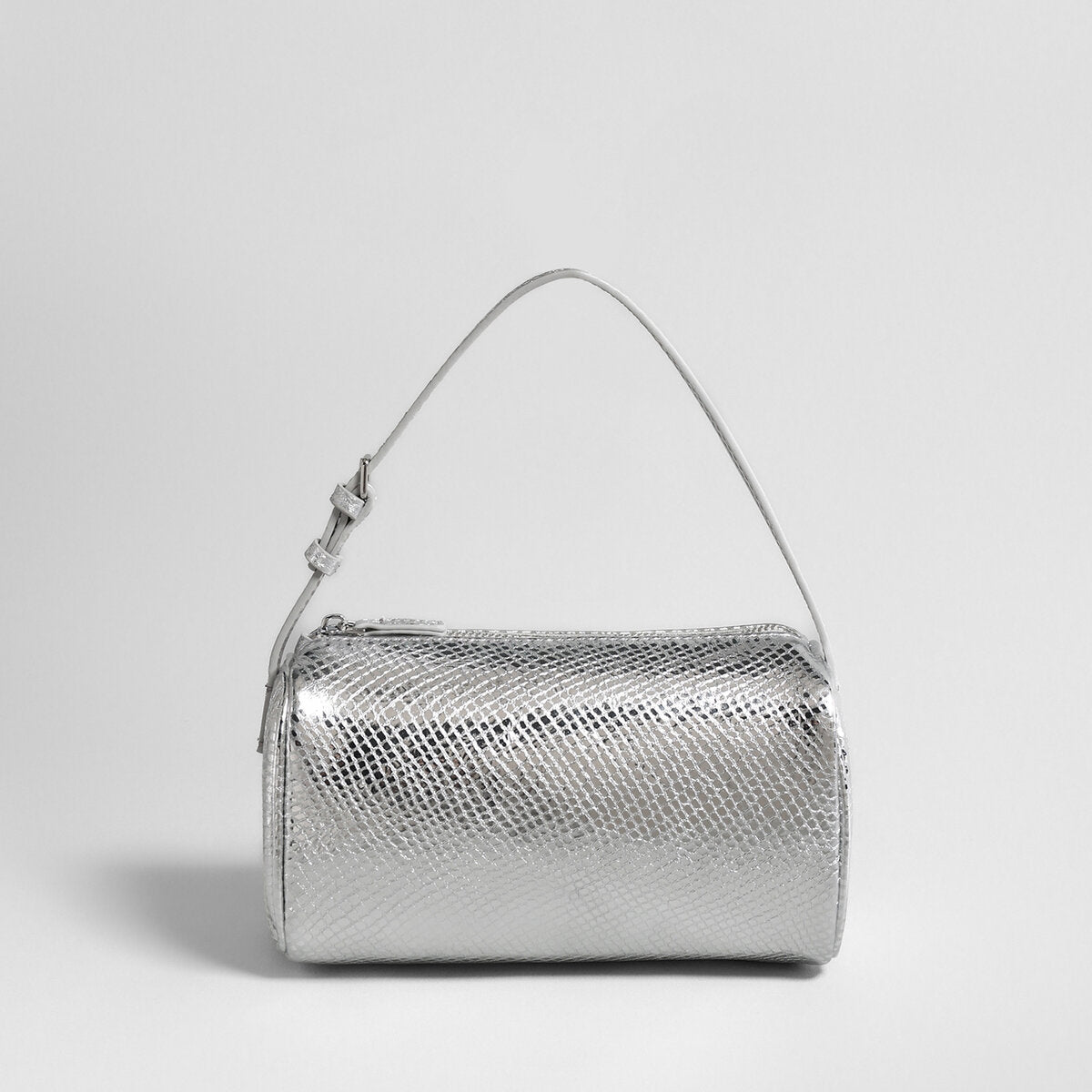 Patent Embossed Calfskin Cylinder Bag - Silver