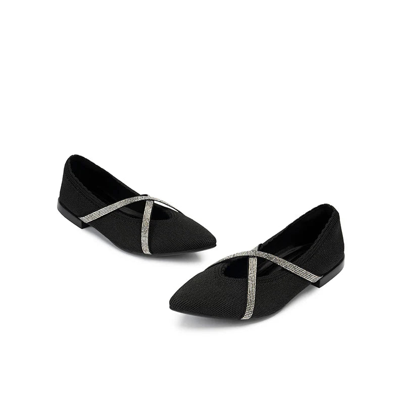 Rhinestone Cross Strap Pointed Toe Knit Flats - Black