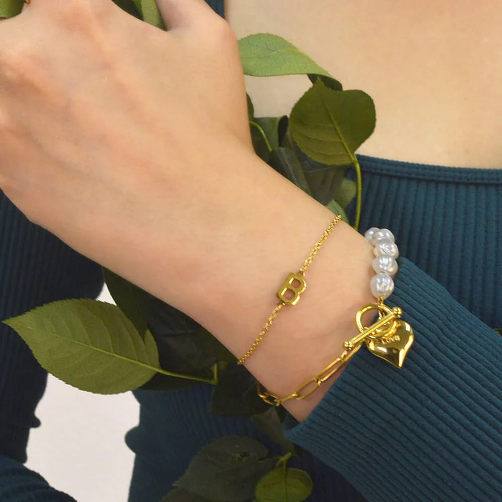 Bullion Gold Pearl Paper Clip Chain Heart Gold Layered Stainless Steel Bracelet
