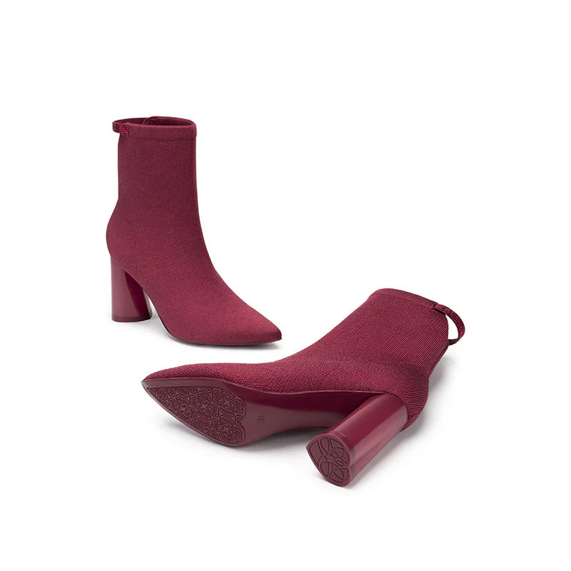Pointed Toe Block Heel Knit Ankle Boots - Wine