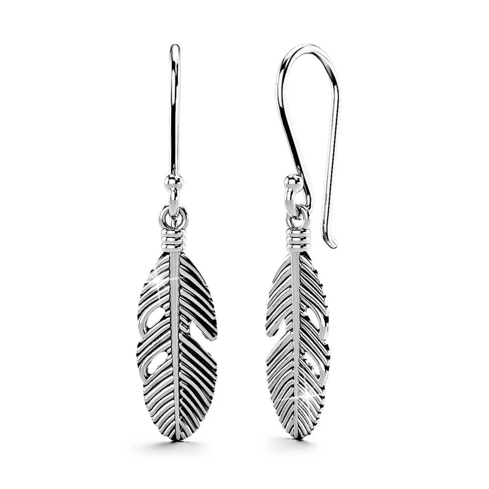 Solid 925 Sterling Silver Oxidised Feather Dangle Earrings