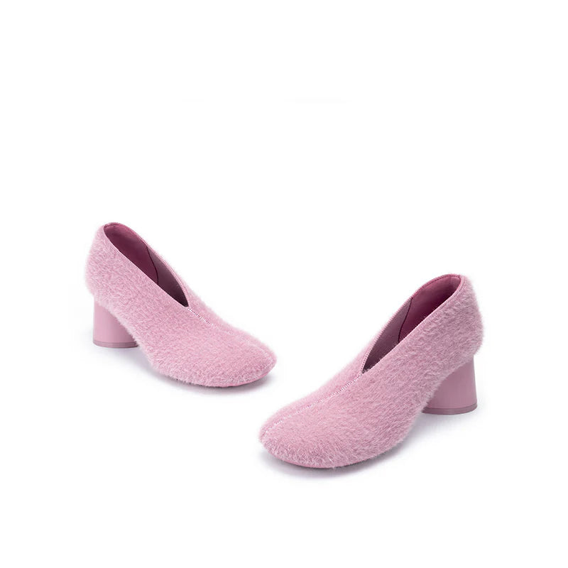 Fuzzy Round Toe Block Heel Pumps - Pink