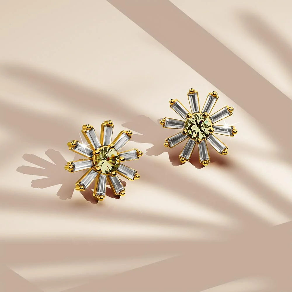 Bullion Gold Bright Daisy Cubic Zirconia Crystals Gold Plated Stud Earrings