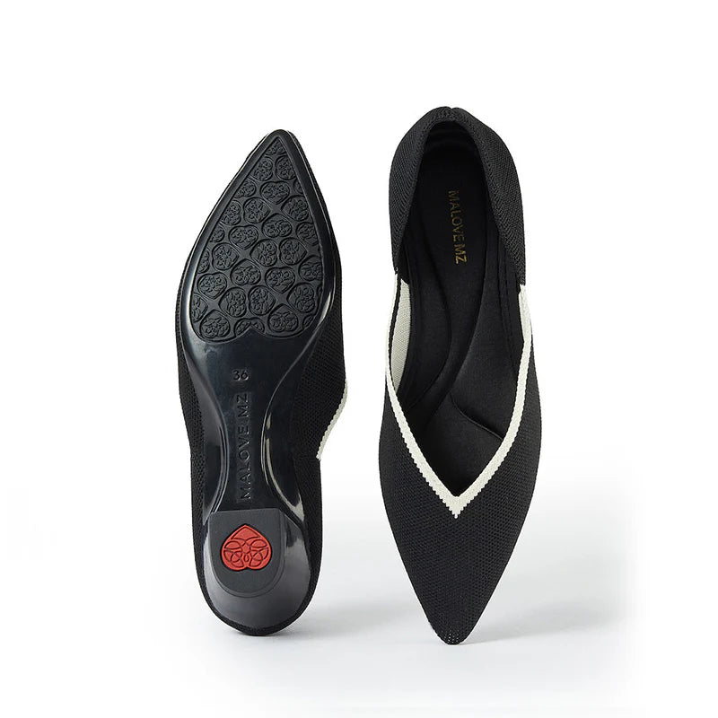 Minimalist Heart Heel Pointed Toe Knit Flats - Black