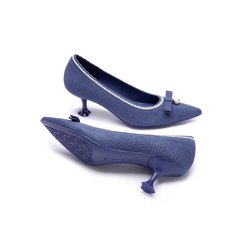 Parisian Pearl Bow Kitten Heels - Indigo