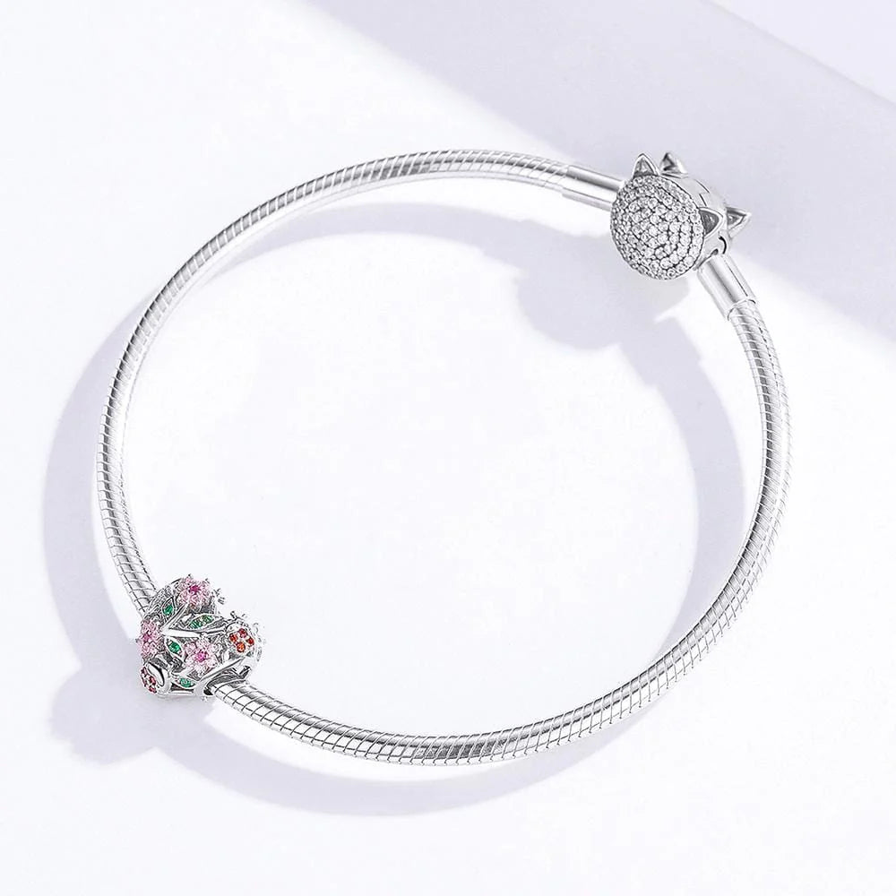 Solid 925 Sterling Silver Heart Colourful Floral Flower Pandora Inspired Charm