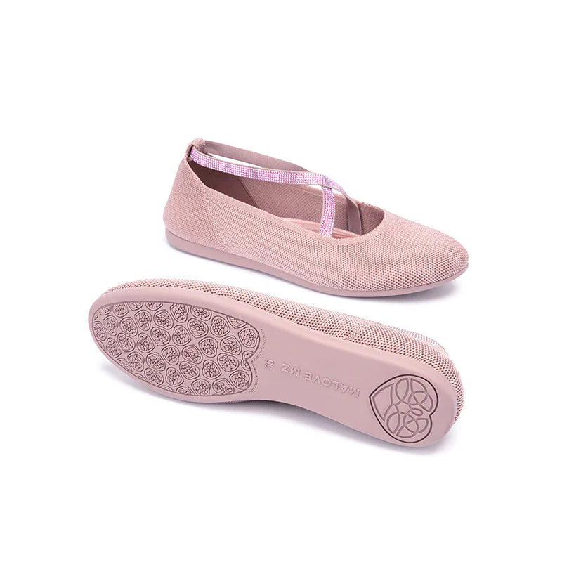 Rhinestone Cross Strap Knit Ballet Flats - Pink