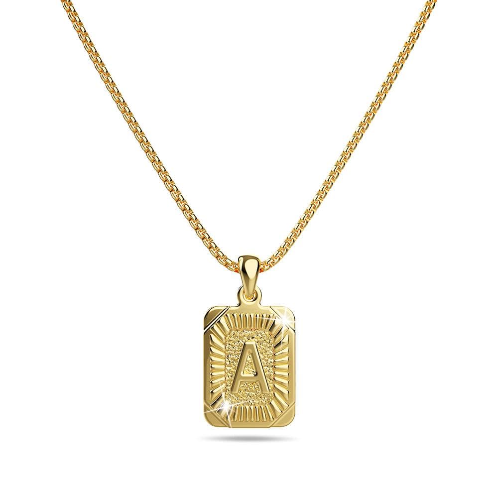 Bullion Gold Vintage Inspired Initial Medal Gold Bar Pendant Round Box Chain Necklace