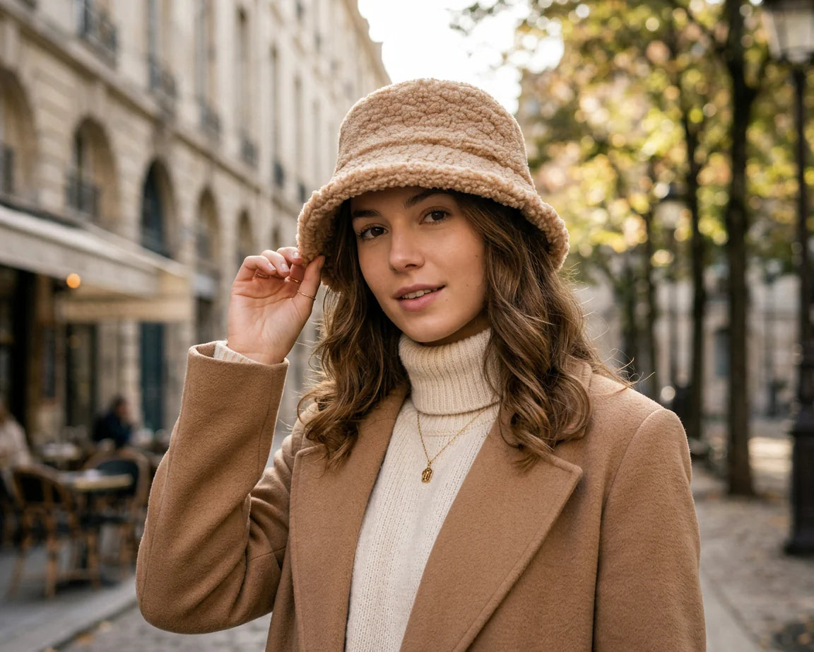 Cherry Red Sherpa Fleece Bucket Hat - Camel