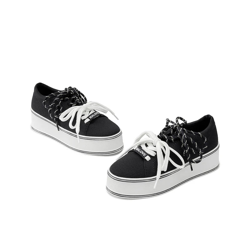 Dual Lace Platform Knit Sneakers - Black
