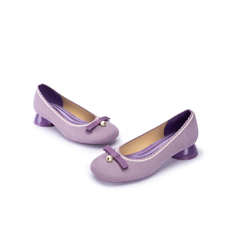 Pearl Bow Knit Square Toe Loafer Pumps - Lavender