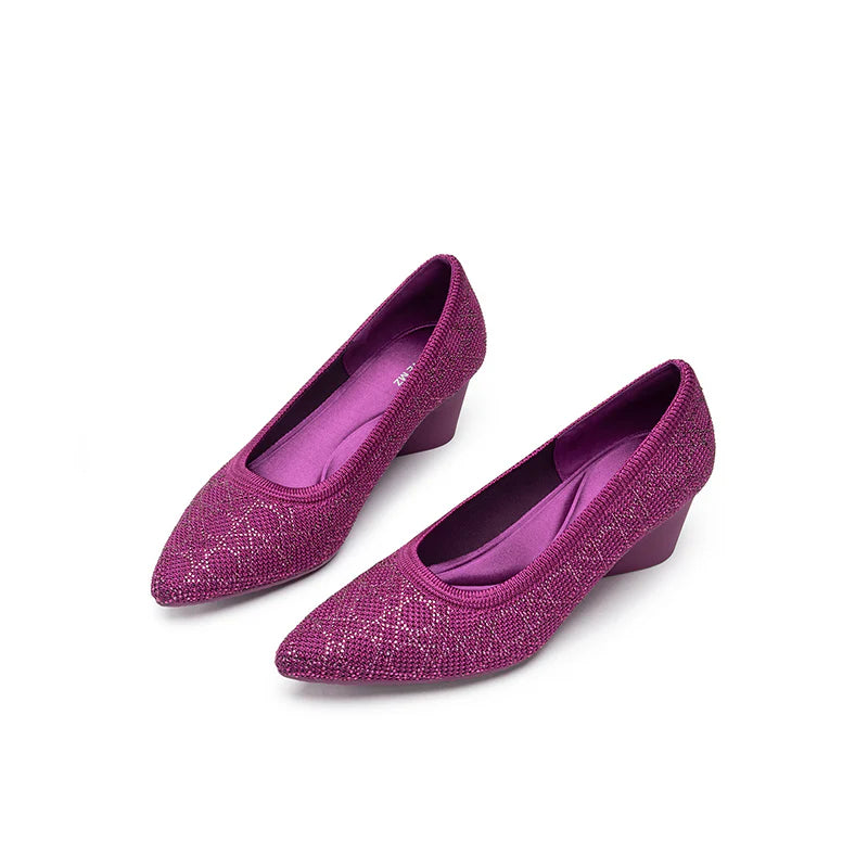 Rhinestone Check Knit Pointed Toe Wedge Pumps - Fuchsia