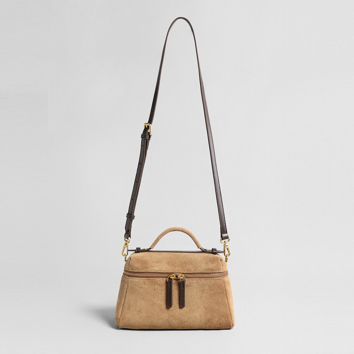 Suede Leather Structured Shoulder Bag - Camel