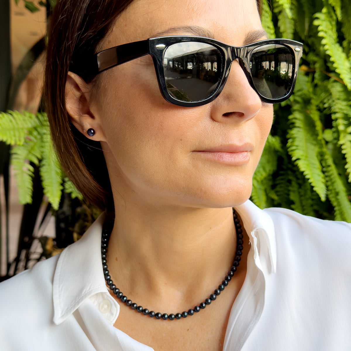 Set Being Composed of : Necklace of Real Cultured Freshwater Pearls Semi Round 6-7 mm with Spring Ring Clasp In Silver 925 - Black Tahiti - Longueur 42 cm