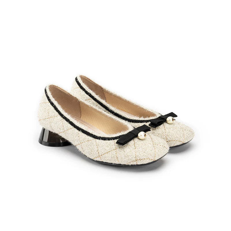 Classic Bow Tweed Quilted Pumps - Ivory