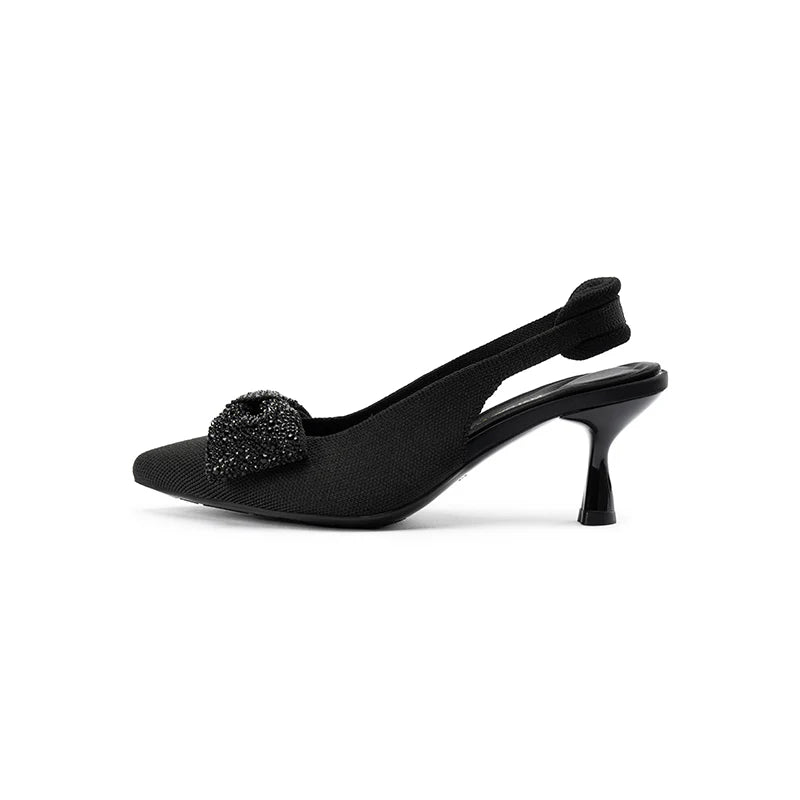 Rhinestone Bow Slingback Kitten Heels - Black