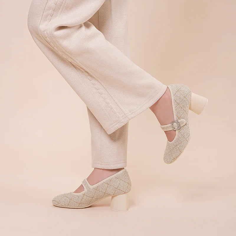 French Vintage Mary Jane Block Heels - Ivory