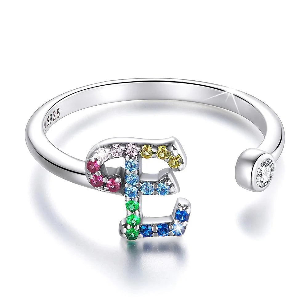 Adjustable Solid 925 Sterling Silver Colourful Rainbow Alphabet Letter Ring