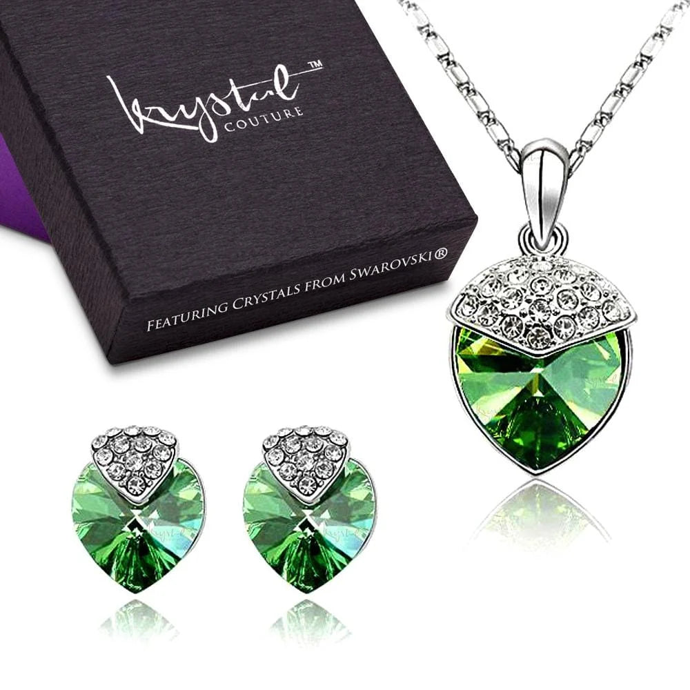 Boxed Evergreen Heart Necklace and Earrings Set Embellished with SWAROVSKI® Crystals