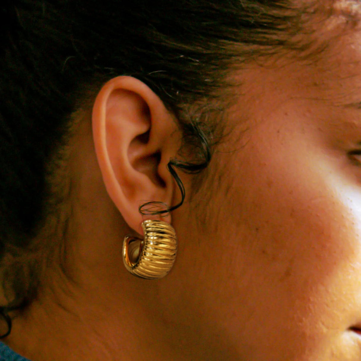 Bullion Gold Ridged Hoop Gold layered Stud Earrings
