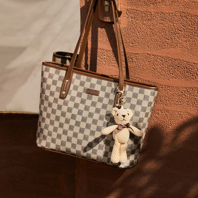 Nalandu Vintage Checkered Large Capacity Shoulder Tote Bag - Khaki