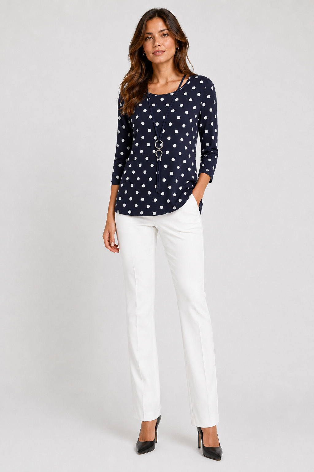 Worship Women's Loose Tunic -Navy Polka Dot