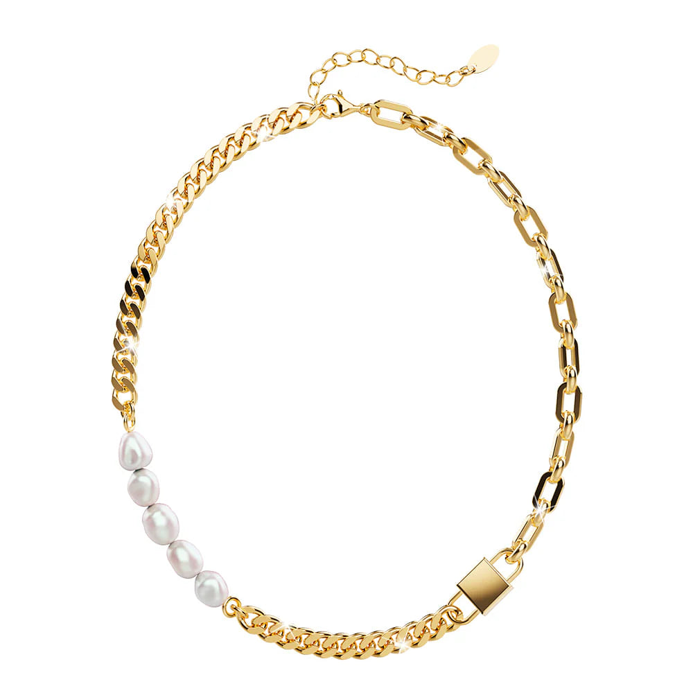 Bullion Gold Paperclip Cuban Chain Link Pearl Necklace in Gold