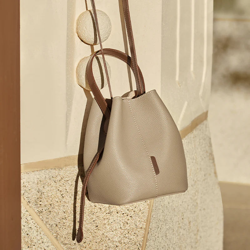Nalandu Soft Pebbled Leather Bucket Shoulder Bag - Taupe