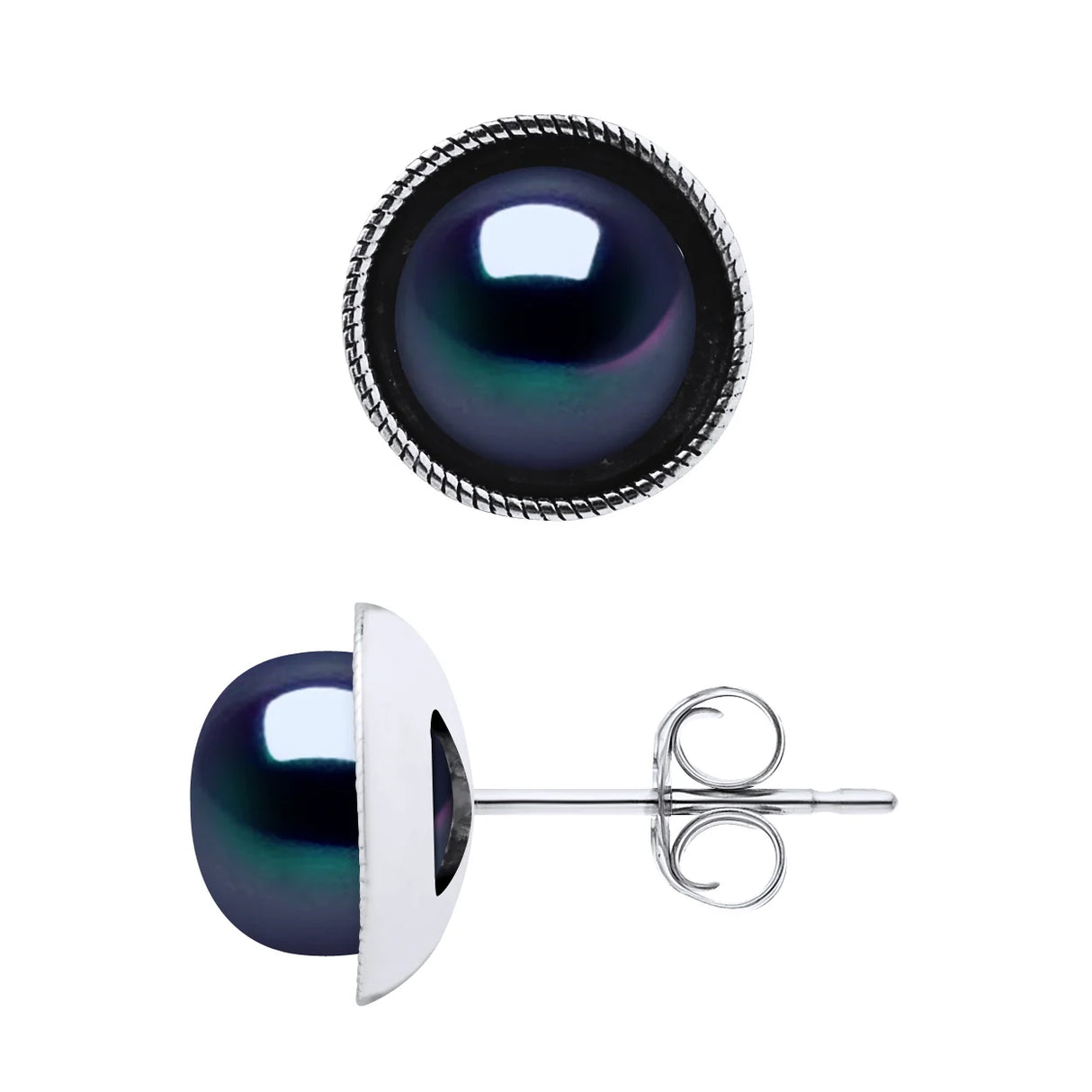 Earrings Button Freshwater Pearl Black Sterling Silver 9-10mm Stud