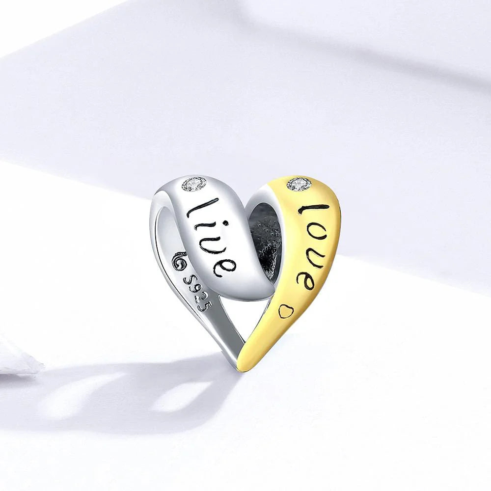 Solid 925 Sterling Silver Live Love Kiss Laugh Heart Pandora Inspired Charm